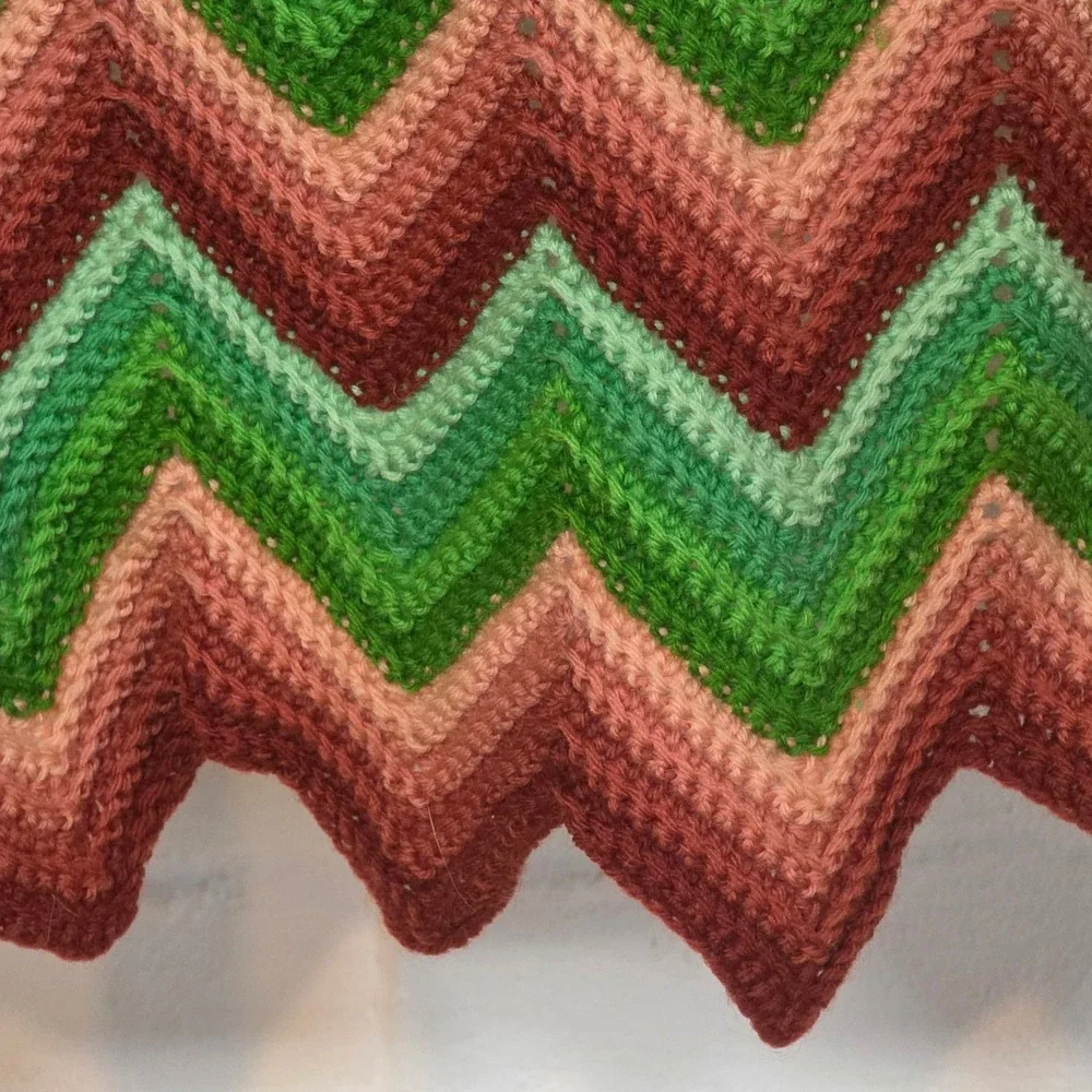 Handmade Crochet Chevron Afghan Blanket Earth Tones Green Raspberry Throw 44x68